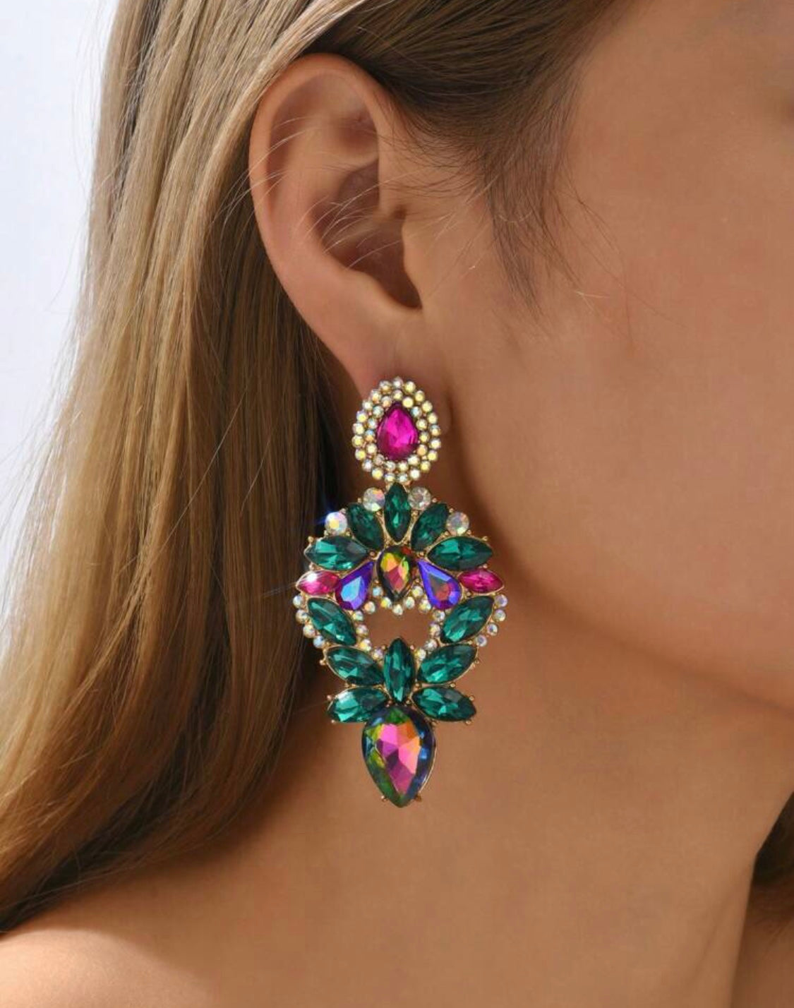 Emerald Green & Hot Pink Crystal Statement Earrings