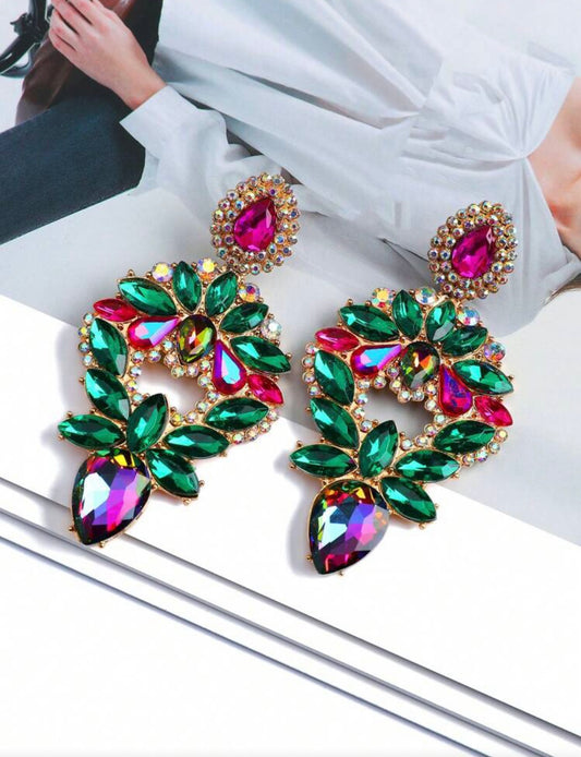 Emerald Green & Hot Pink Crystal Statement Earrings