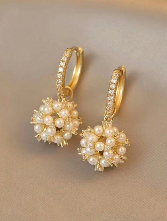 Pearl Cluster Huggie Drop Earrings with Sparkling Crystal Hoops