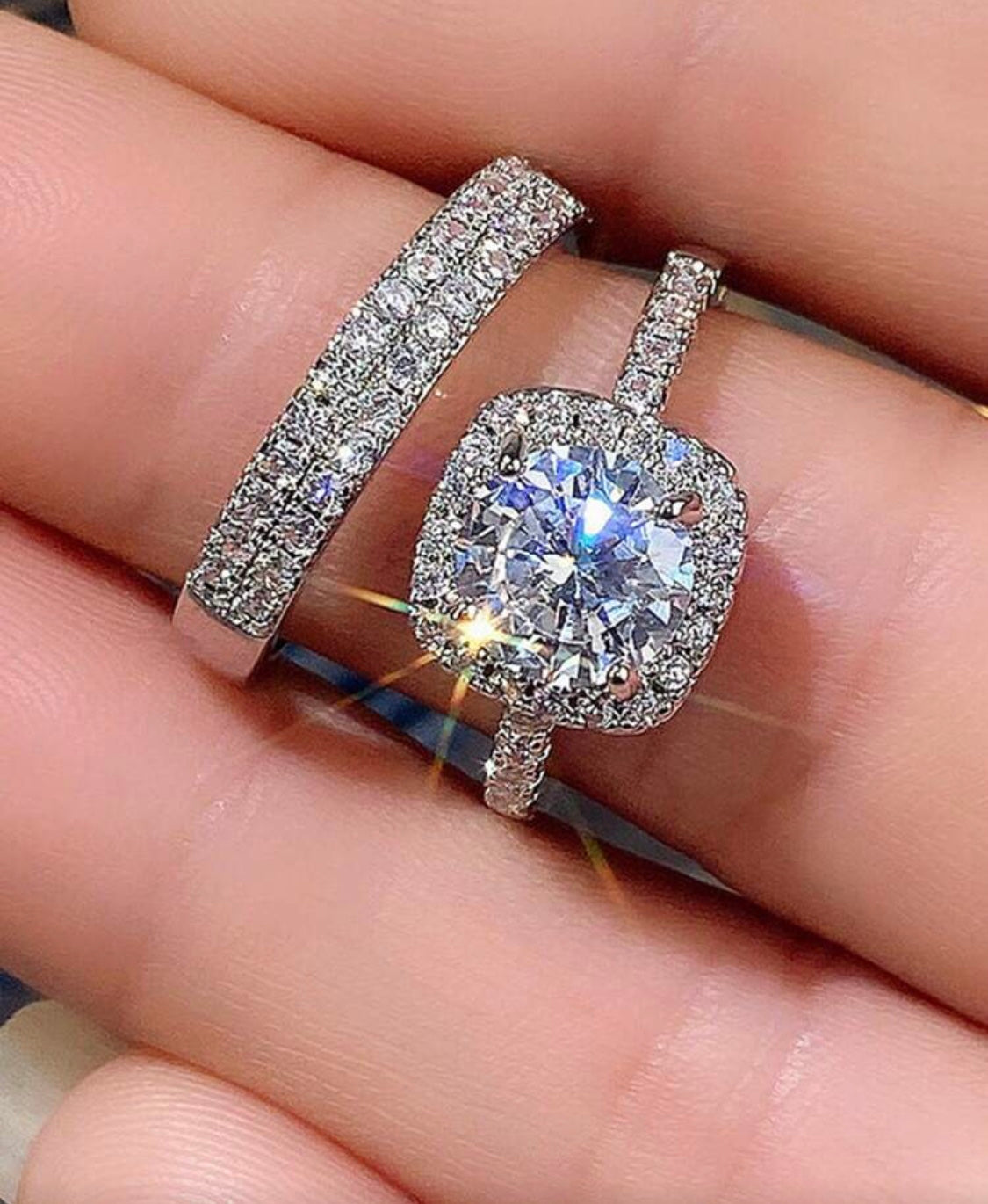 Halo Crystal Ring Set for Women – 2 Pcs