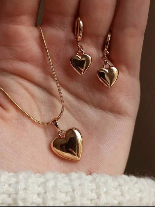 Gold Heart Necklace & Earrings Set