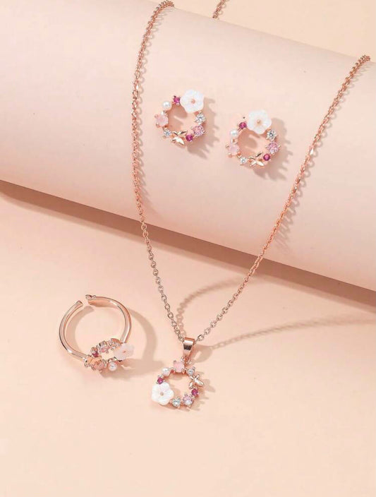 Rose Gold Floral Wreath 3-Piece Jewelry Set