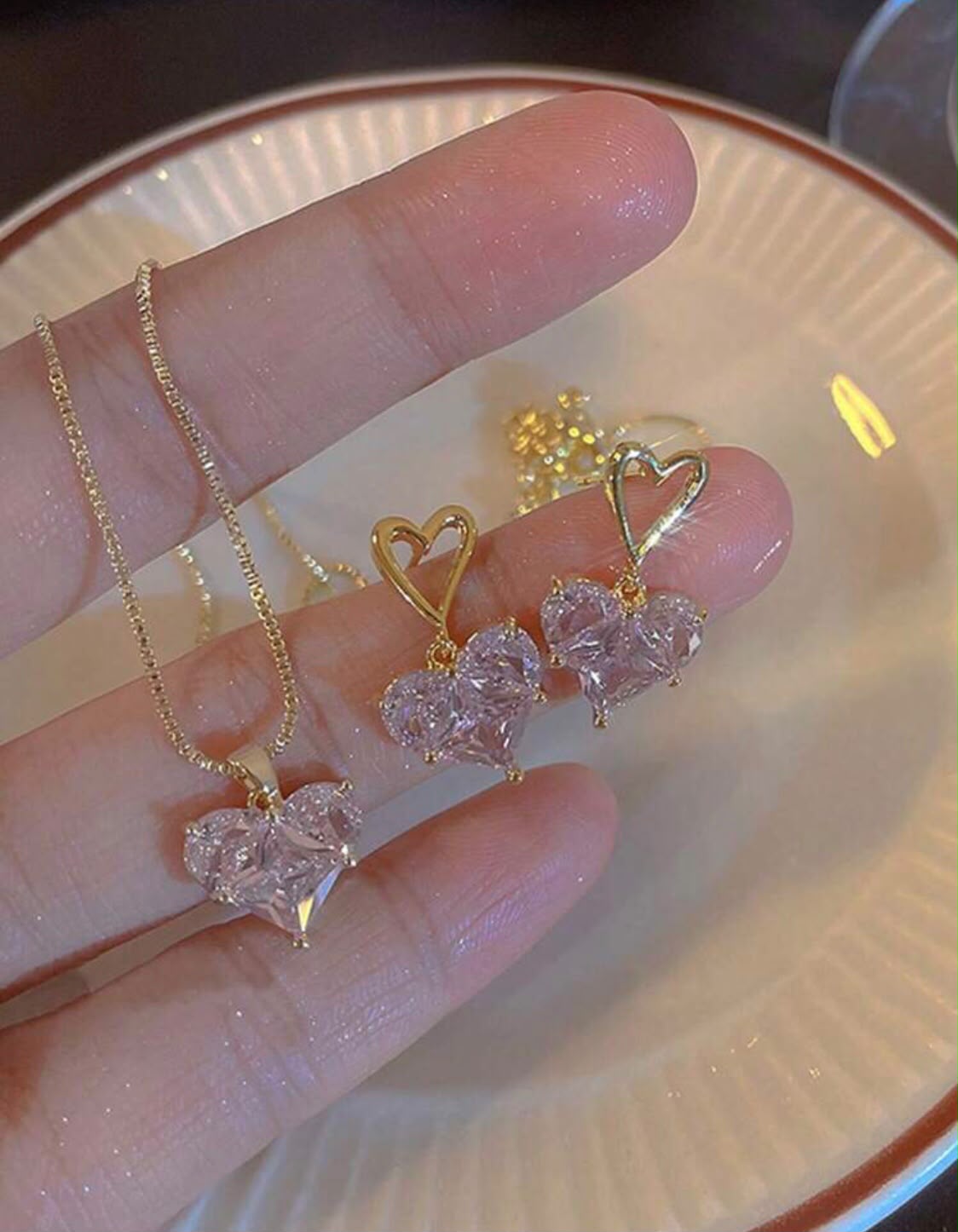 Heart Crystal Pendant Necklace & Earrings Set