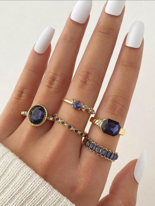 Vintage Sapphire Crystal Stackable Rings – 5-Piece