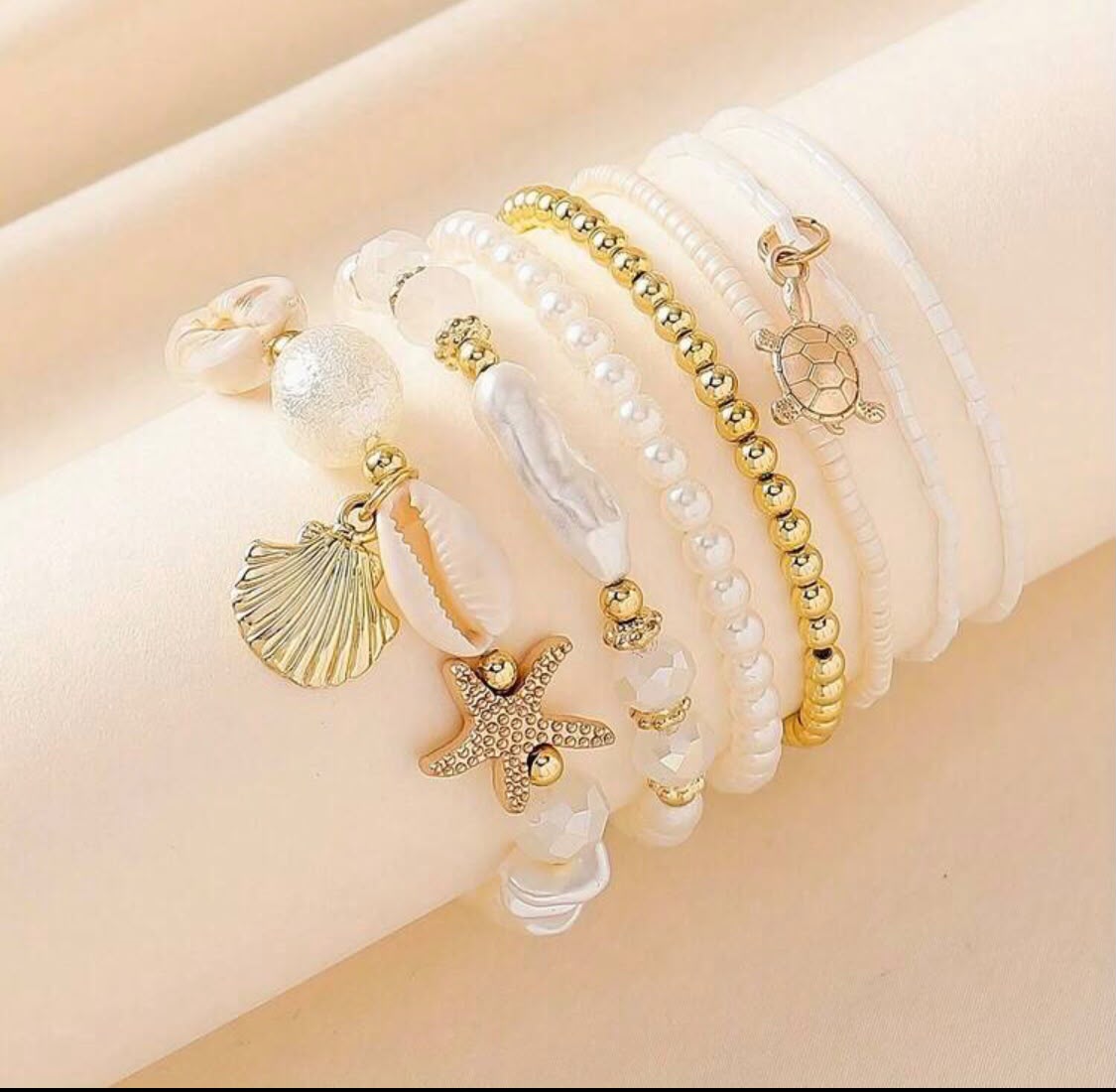 Layered Pearl & Seashell Charm Stretch Bracelet Set
