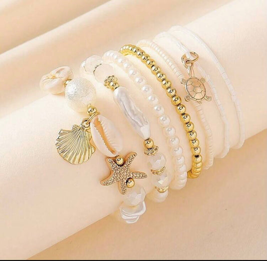 Layered Pearl & Seashell Charm Stretch Bracelet Set