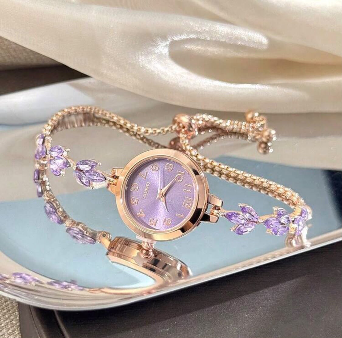 Rose Gold Crystal Leaf Bracelet Watch for Women