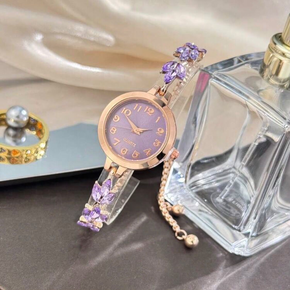 Rose Gold Crystal Leaf Bracelet Watch for Women