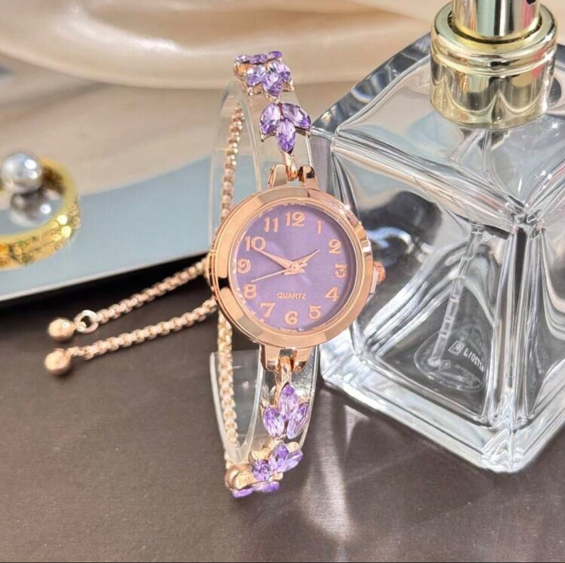 Rose Gold Crystal Leaf Bracelet Watch for Women