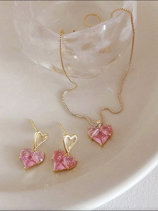 Heart Crystal Pendant Necklace & Earrings Set