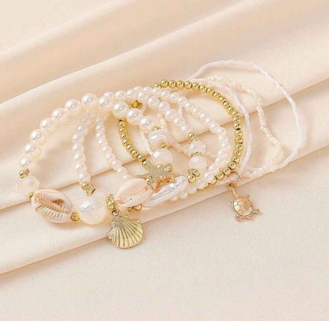 Layered Pearl & Seashell Charm Stretch Bracelet Set