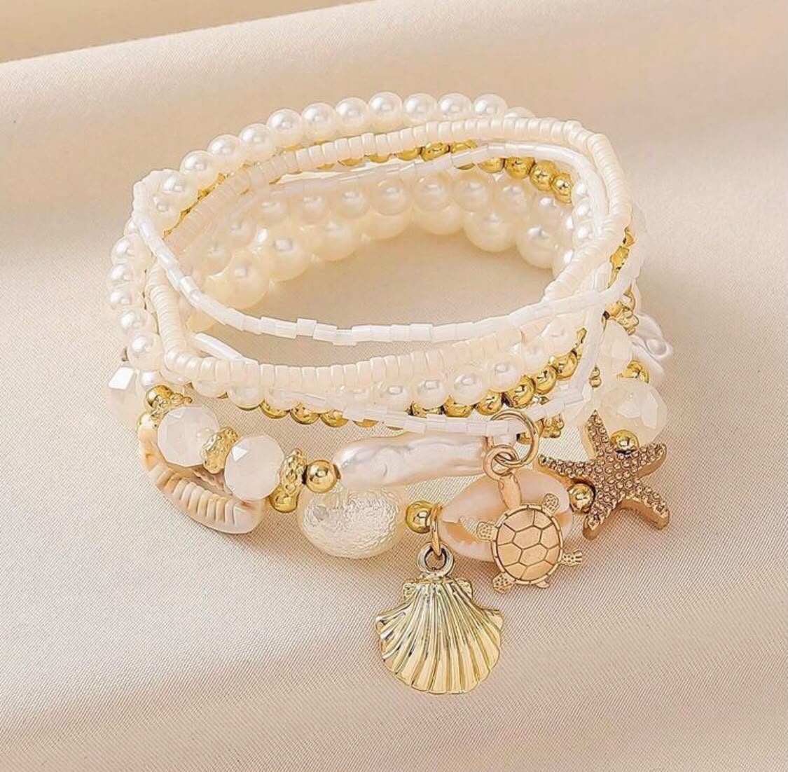 Layered Pearl & Seashell Charm Stretch Bracelet Set